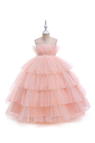 Pink Tulle A Line Flower Girl kjole med sløyfe