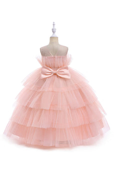 Pink Tulle A Line Flower Girl kjole med sløyfe