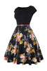 Load image into Gallery viewer, Båt Neck Flower trykt Svart 1950-tallet kjole med belte
