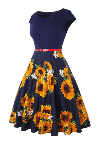 Båt Neck Flower trykt Svart 1950-tallet kjole med belte