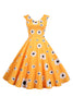 Load image into Gallery viewer, Ermeløs trykt gul kjole fra 1950-tallet