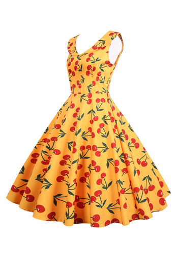 Trykt ermeløs gul vintage kjole