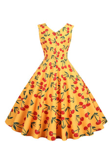 Trykt ermeløs gul vintage kjole
