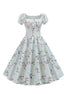 Load image into Gallery viewer, Puff ermer trykt lyseblå vintage kjole