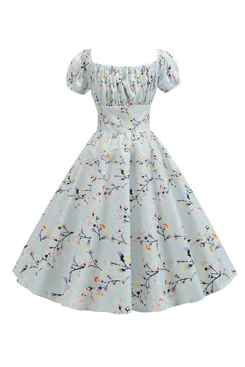 Puff ermer trykt lyseblå vintage kjole