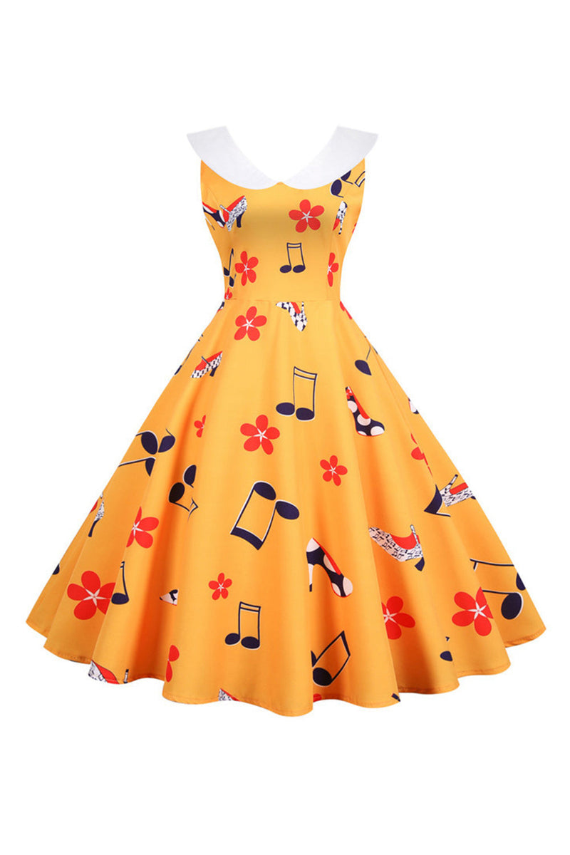 Load image into Gallery viewer, Trykt ermeløs gul vintage kjole