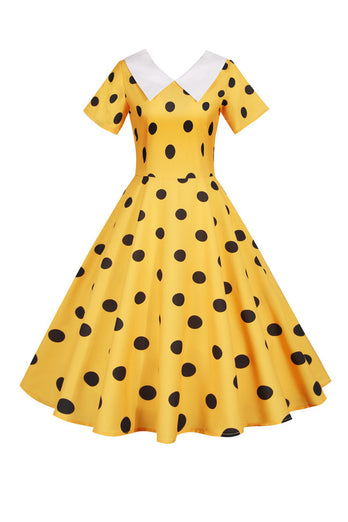 Polka Dots gul vintage kjole med korte ermer