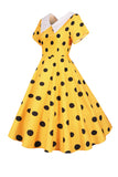 Polka Dots gul vintage kjole med korte ermer