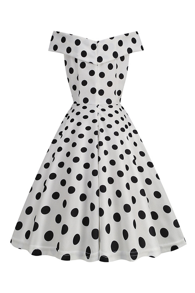 Load image into Gallery viewer, Hvit av skulderen Polka prikker vintage kjole