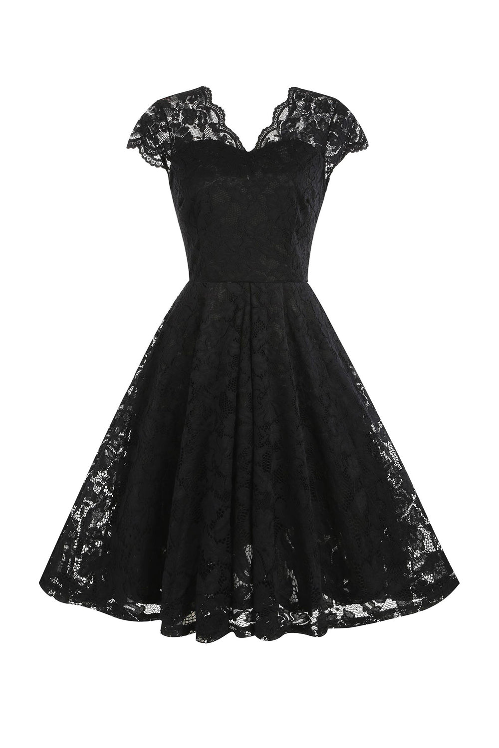 V Neck Black Lace Hepburn Style 1950 Dress