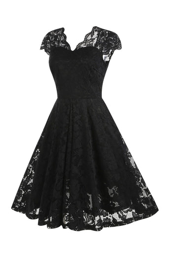 V Neck Black Lace Hepburn Style 1950 Dress
