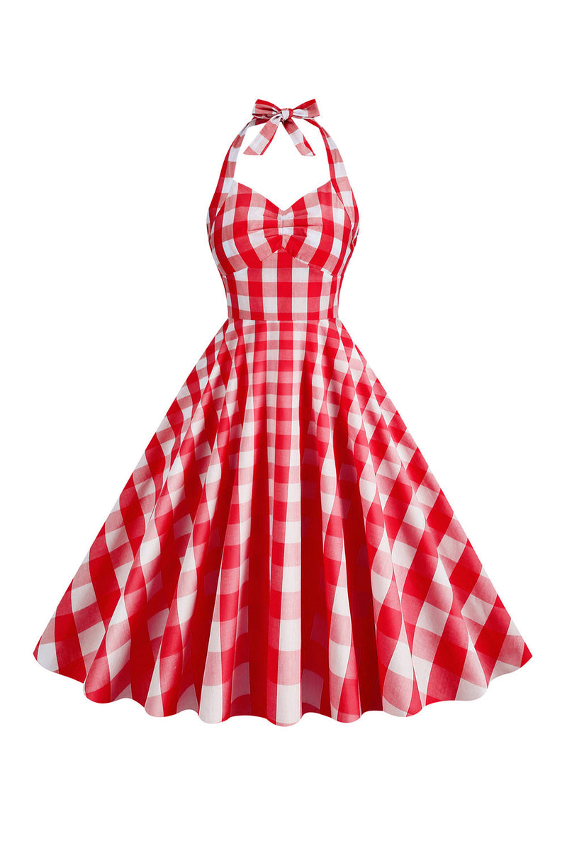 Load image into Gallery viewer, Halter Plaid Vintage kjole med sløyfe