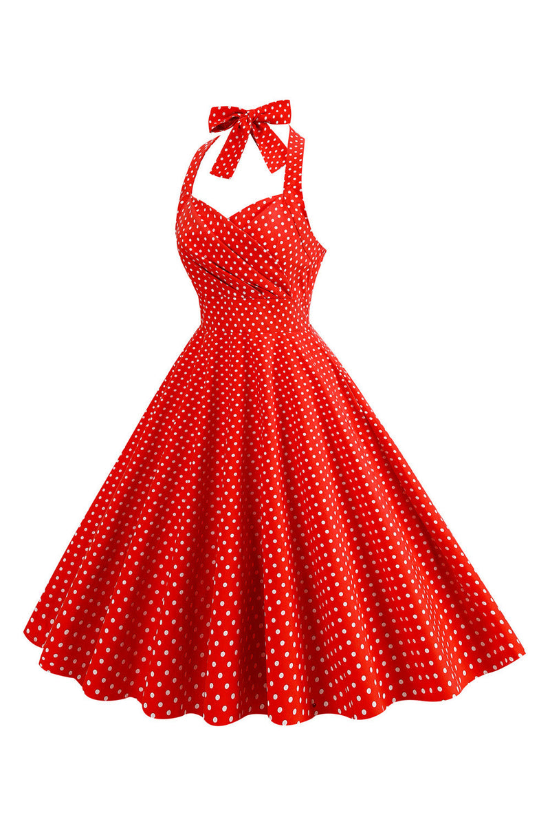 Load image into Gallery viewer, Halter Red Polka Dots kjole fra 1950-tallet