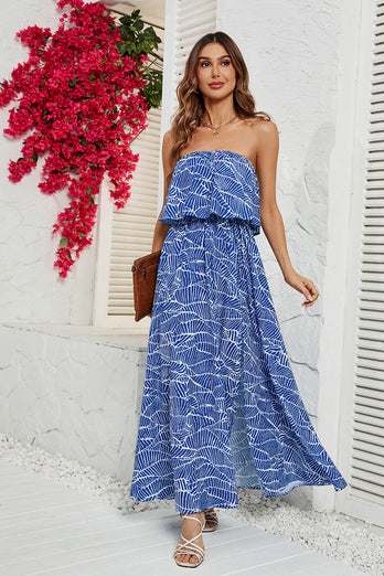 Stroppeløs lang sommerkjole med blått trykk