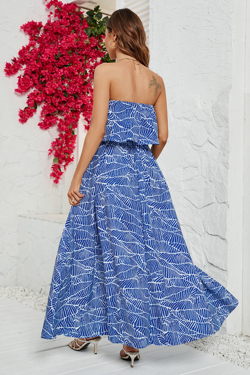 Load image into Gallery viewer, Stroppeløs lang sommerkjole med blått trykk