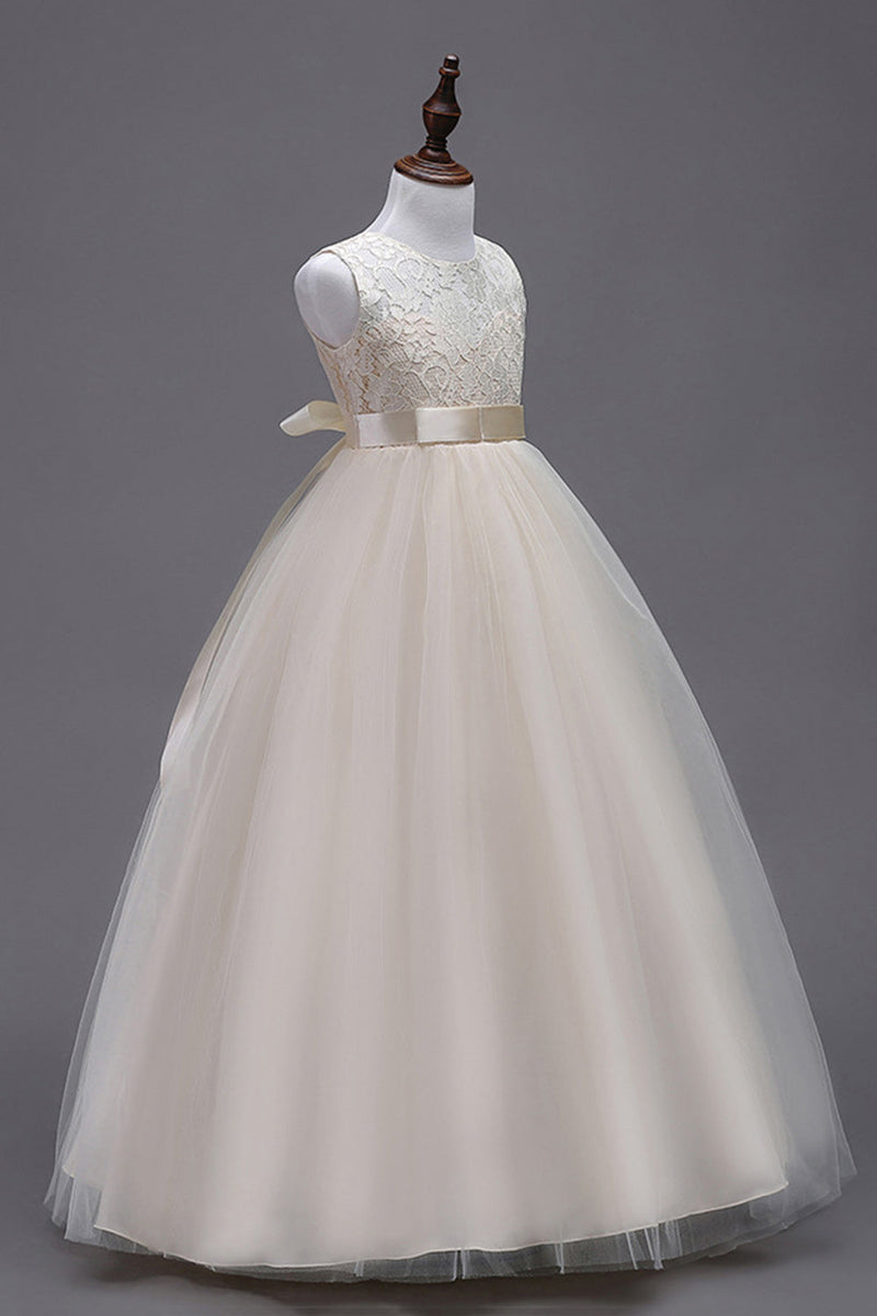Load image into Gallery viewer, A-Line Tylle White Girls kjoler med sløyfe
