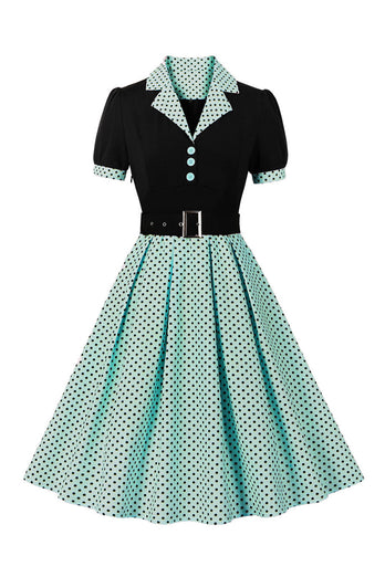 Grønne kortermer Polka Dots 1950-tallskjole med belte