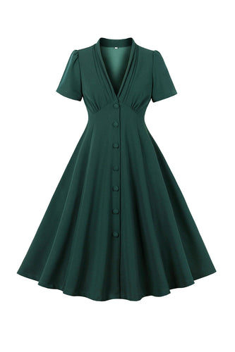 Grønn dyp V-hals kjole fra 1950-tallet med korte ermer