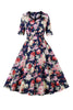 Load image into Gallery viewer, Navy Floral Printed Swing 1950-tallet kjole med korte ermer