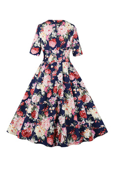 Navy Floral Printed Swing 1950-tallet kjole med korte ermer