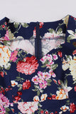 Navy Floral Printed Swing 1950-tallet kjole med korte ermer