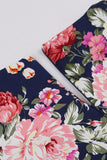 Navy Floral Printed Swing 1950-tallet kjole med korte ermer