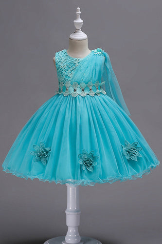 Blå En linje Bowknot Girls Party kjoler med 3D-blomster