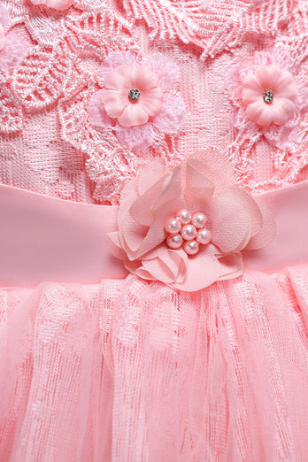 Rosa Round Neck Girls kjoler med 3D-blomster