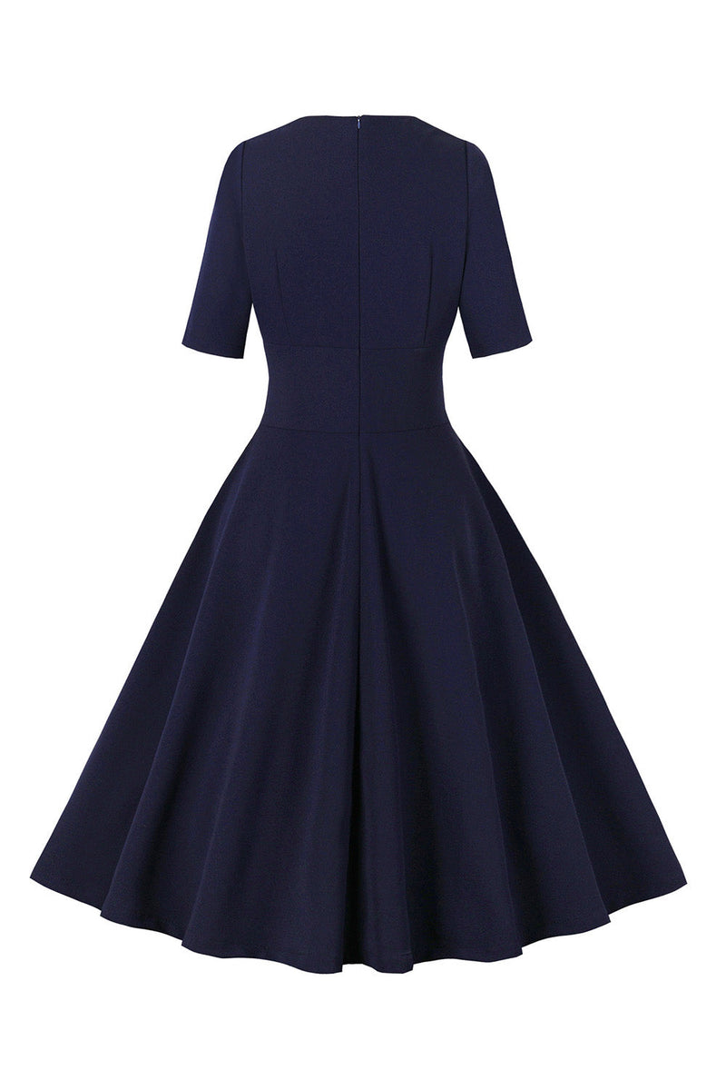 Load image into Gallery viewer, Navy halvermer V hals 1950-tallet kjole
