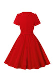 Rød V Neck Bowknot Korte ermer Retro Swing Dress