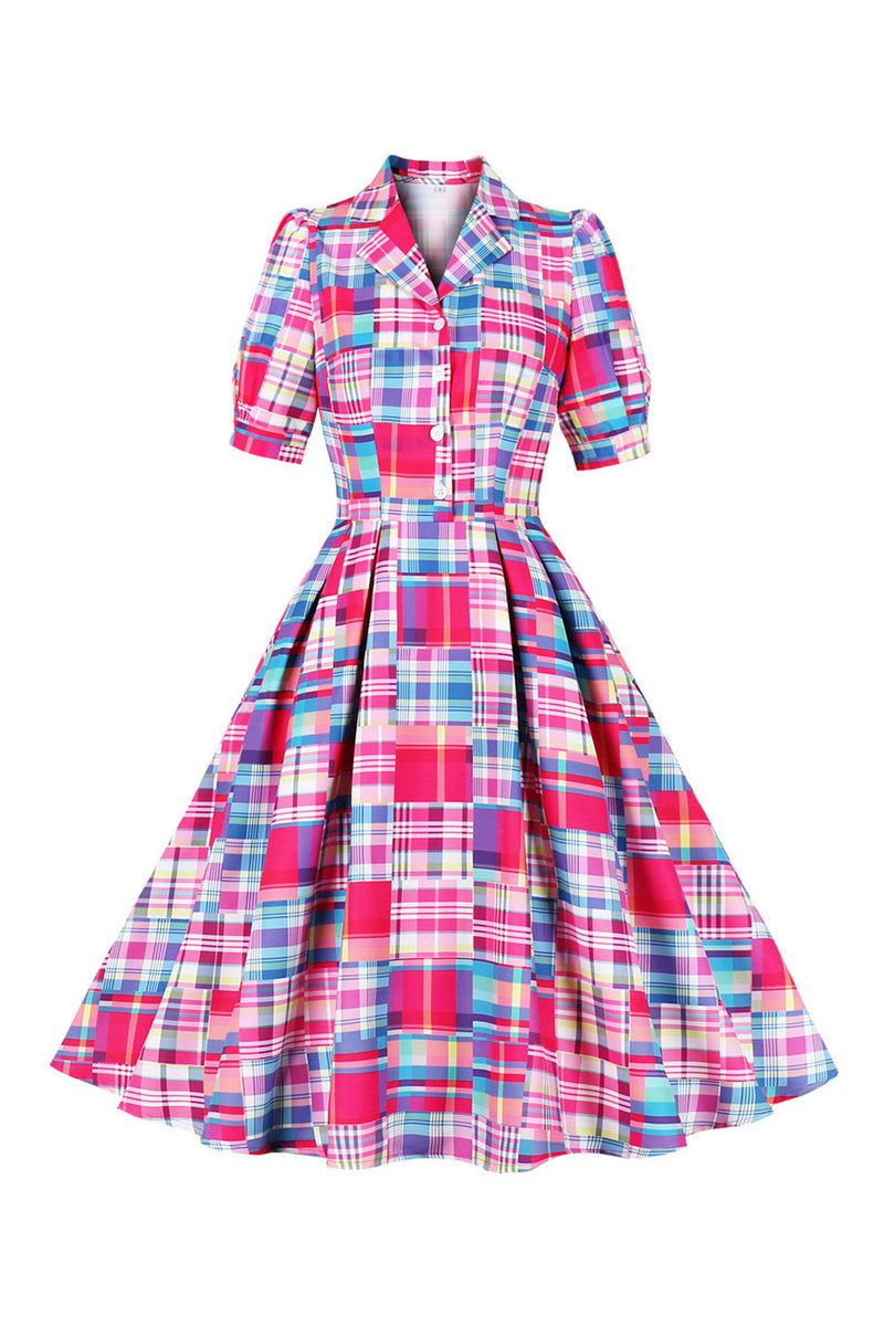 Load image into Gallery viewer, Rosa knapp halvermer rutete kjole fra 1950-tallet