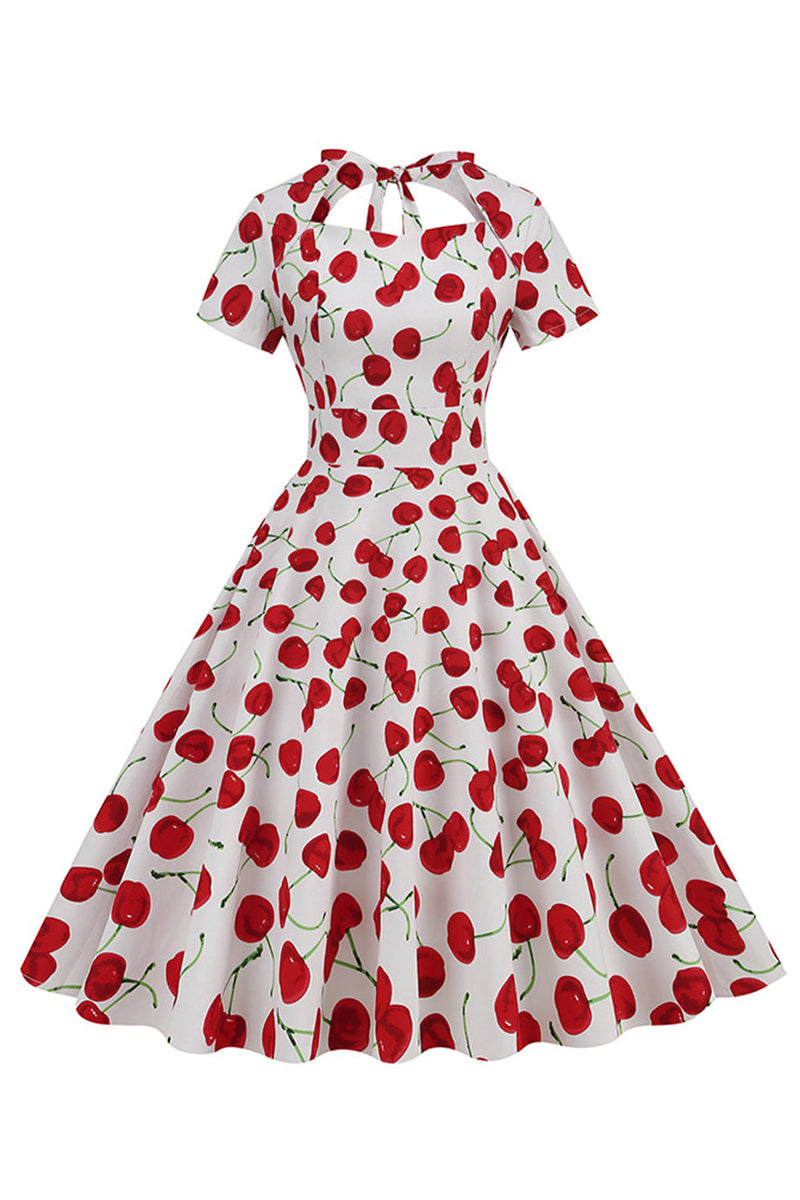 Load image into Gallery viewer, Hvite kirsebær Trykk Halter Vintage kjole med korte ermer