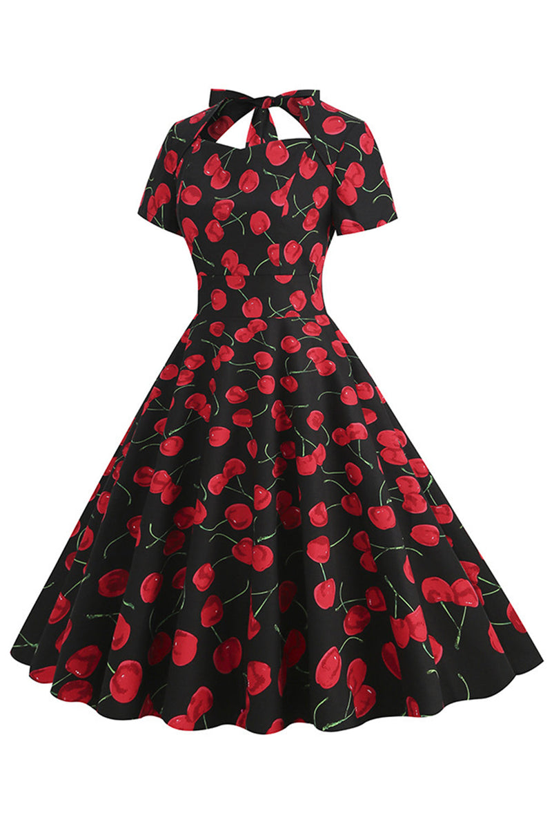 Load image into Gallery viewer, Hvite kirsebær Trykk Halter Vintage kjole med korte ermer