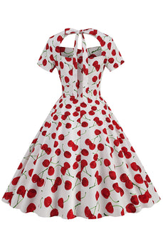 Hvite kirsebær Trykk Halter Vintage kjole med korte ermer