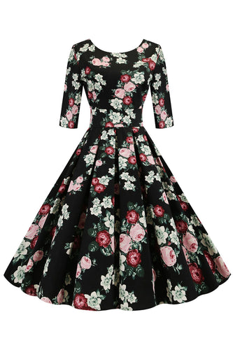 Svarte halvermer Blomstertrykt kjole fra 1950-tallet