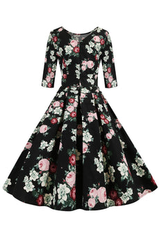 Svarte halvermer Blomstertrykt kjole fra 1950-tallet