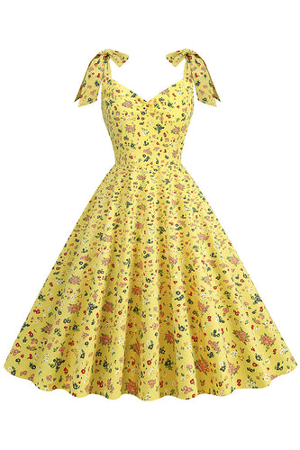 Gul trykt ermeløs stropper Vintage kjole