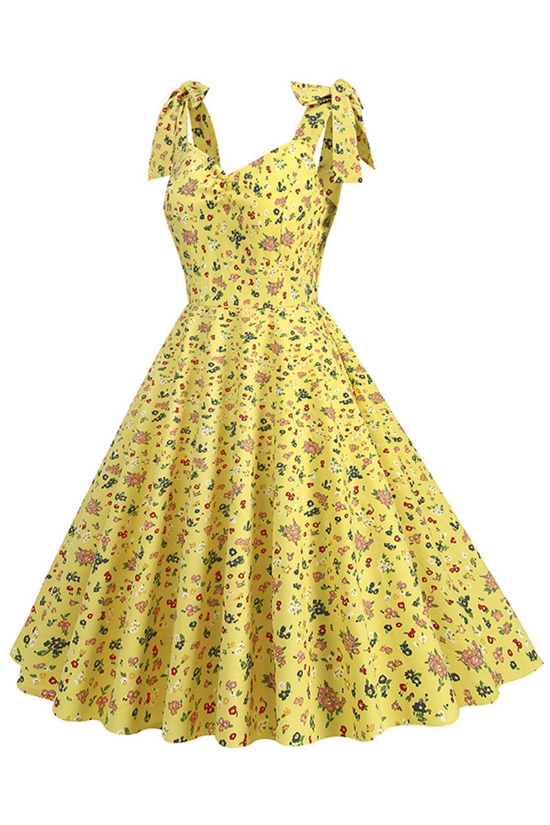 Load image into Gallery viewer, Gul trykt ermeløs stropper Vintage kjole