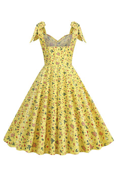 Gul trykt ermeløs stropper Vintage kjole