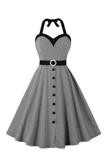 Black Halter Plaid ermeløs knapp kjole fra 1950-tallet