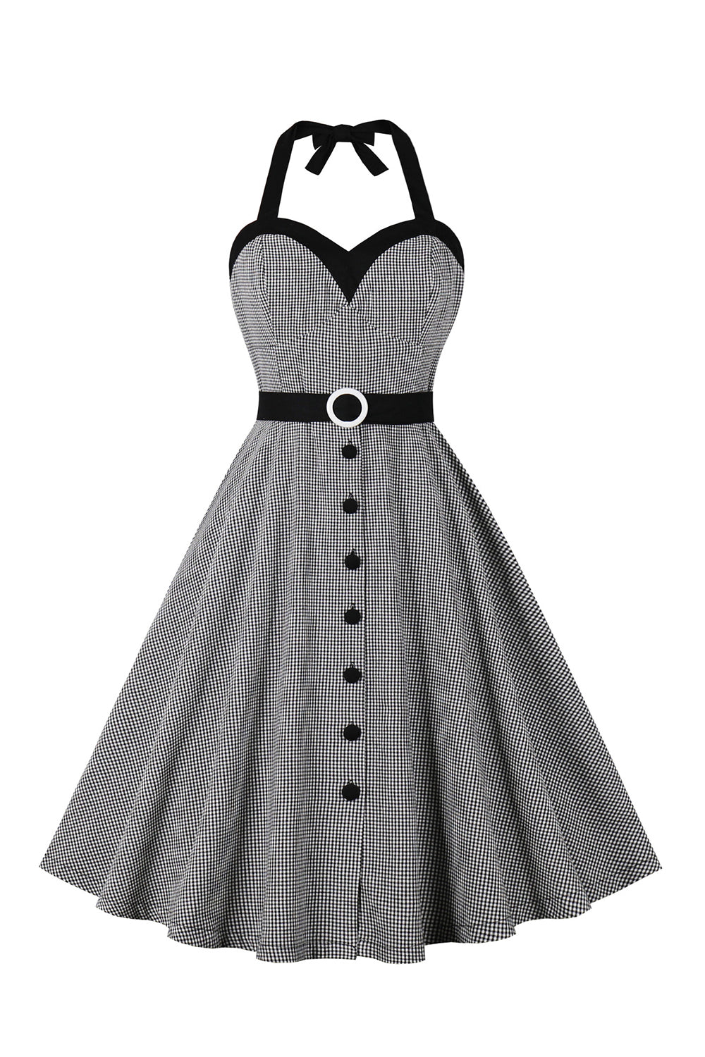 Black Halter Plaid ermeløs knapp kjole fra 1950-tallet