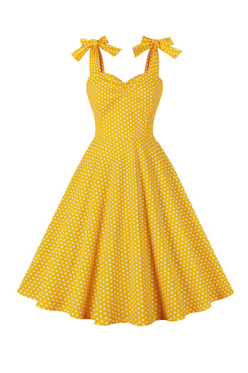 Gul Polka Dots Ermeløs Spaghetti stropper Vintage kjole