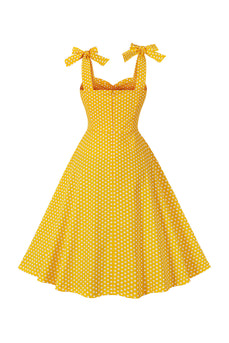 Gul Polka Dots Ermeløs Spaghetti stropper Vintage kjole