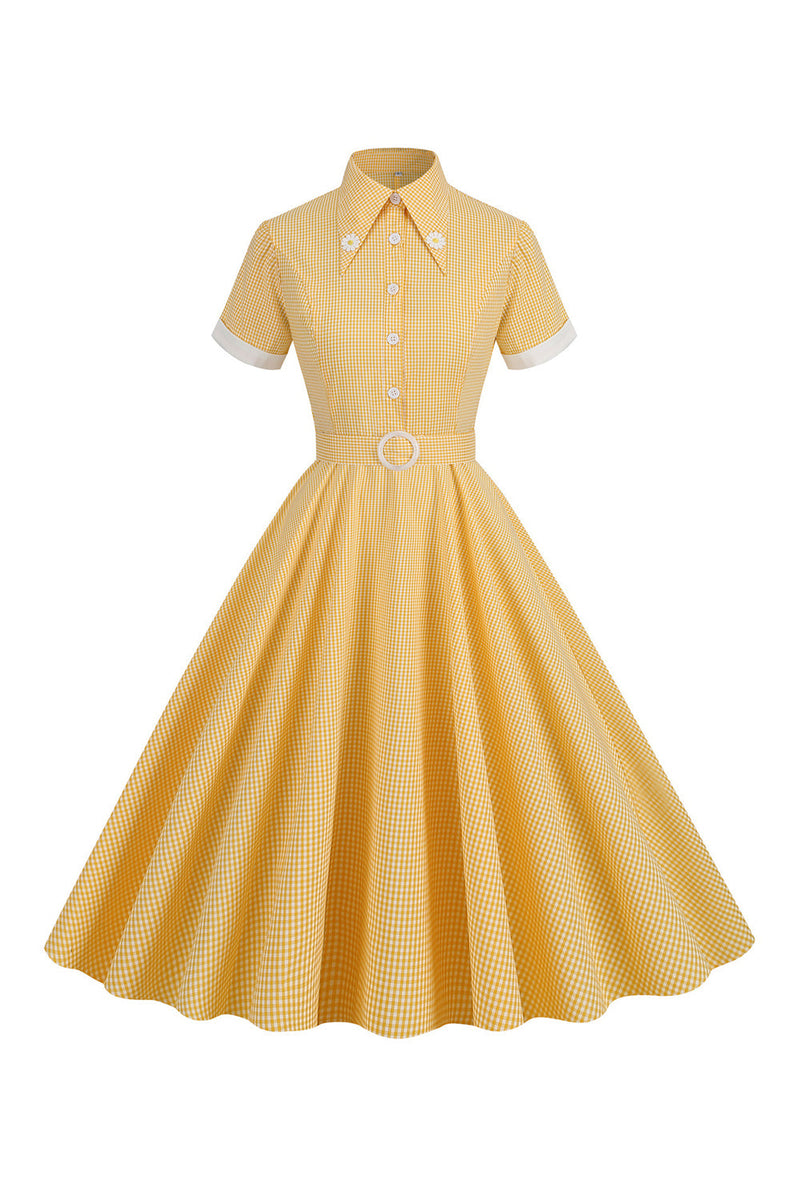 Load image into Gallery viewer, Hepburn stil gul rutete vintage kjole med korte ermer
