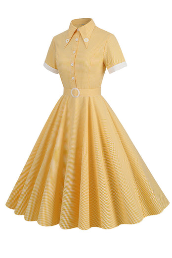 Hepburn stil gul rutete vintage kjole med korte ermer