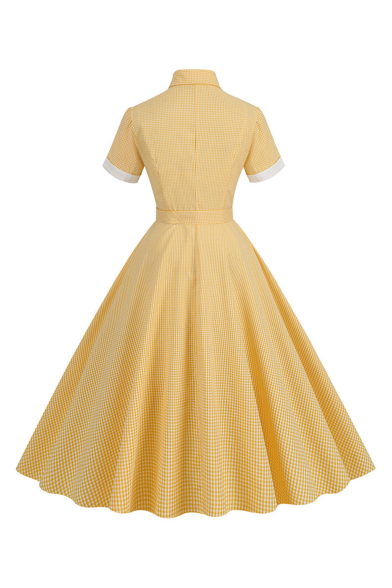Load image into Gallery viewer, Hepburn stil gul rutete vintage kjole med korte ermer