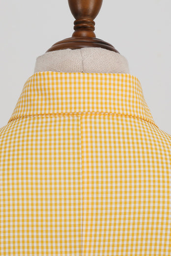 Hepburn stil gul rutete vintage kjole med korte ermer