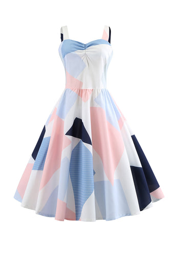 Hvite spaghettistropper Geometrisk trykt kjole fra 1950-tallet