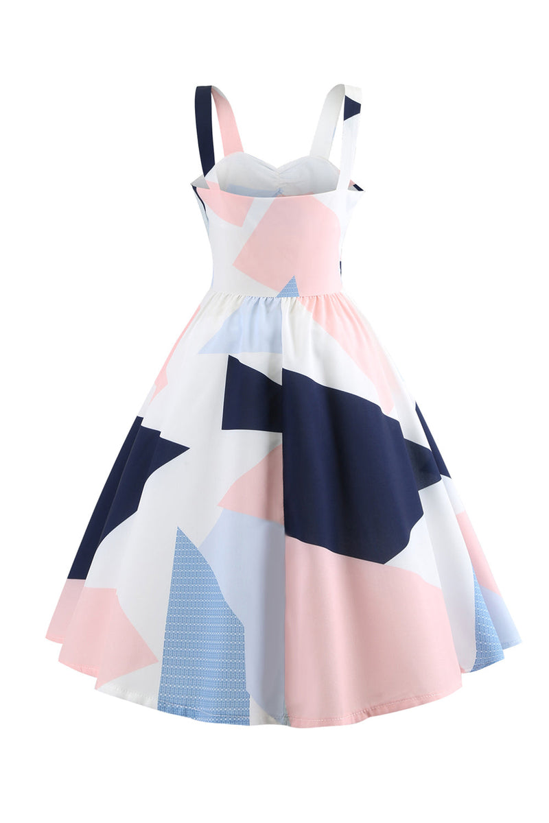 Load image into Gallery viewer, Hvite spaghettistropper Geometrisk trykt kjole fra 1950-tallet