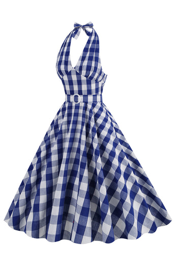Rosa grime rutete ermeløs kjole fra 1950-tallet med belte